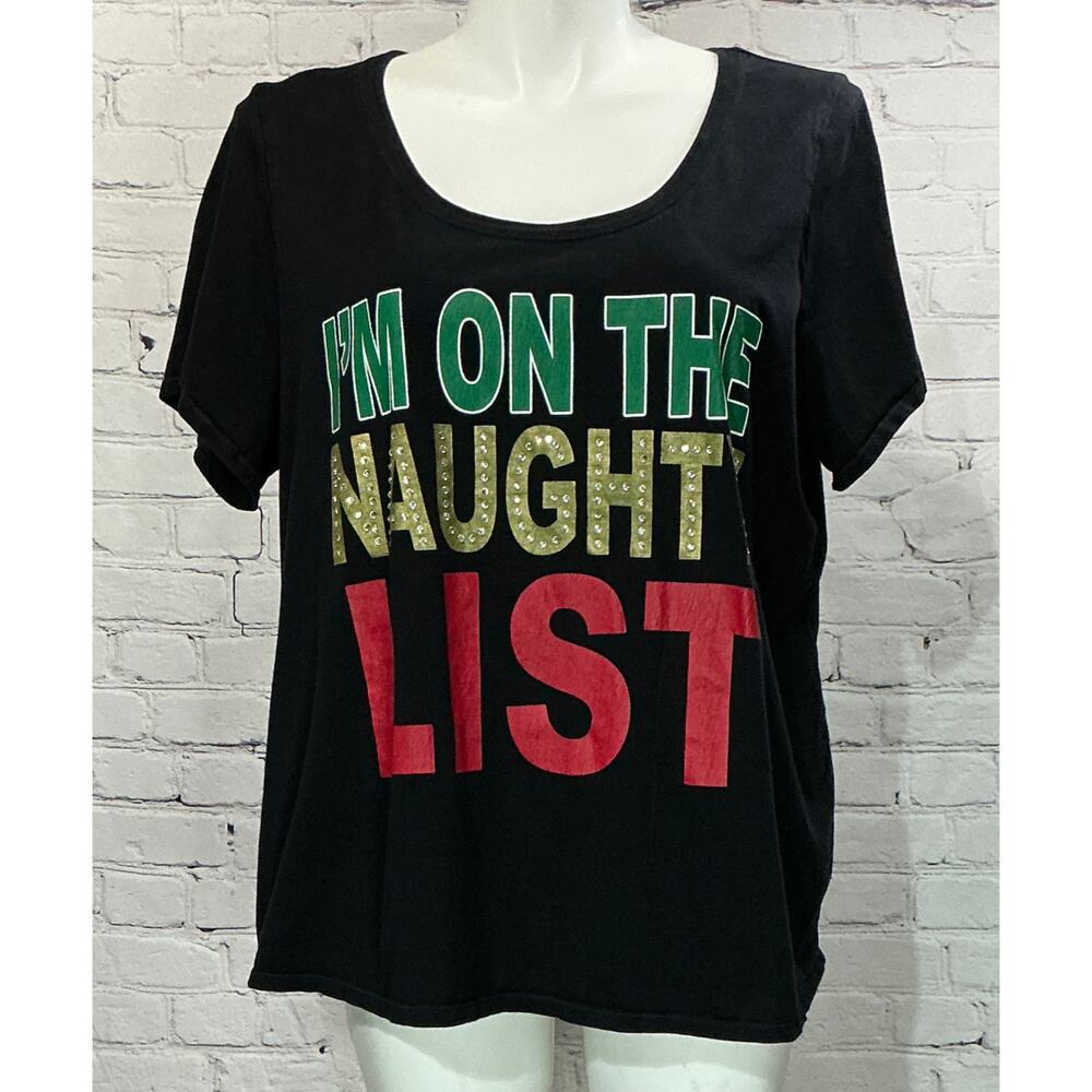 Cacique Women's “I’m On The Naughty List” Black Sleep Tee (Size 22/24)